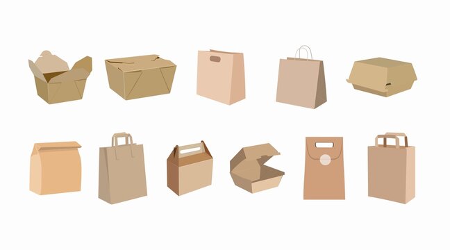 Vector Isolated Set of Different Paper Bags or Take Away Boxes