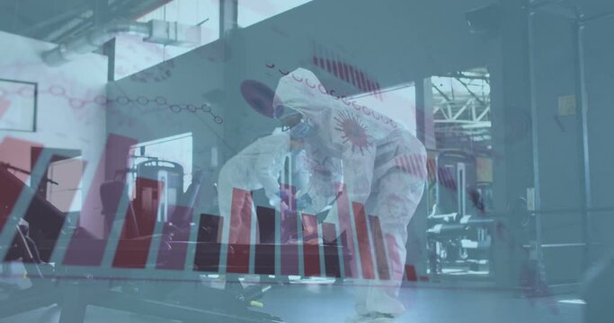 Coronavirus statistical data processing against team of health workers spraying disinfectant at gym