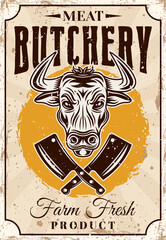 Butchery shop farm fresh meat product vector vertical poster or advertisement banner in vintage style with bull head and crossed cleaver knives