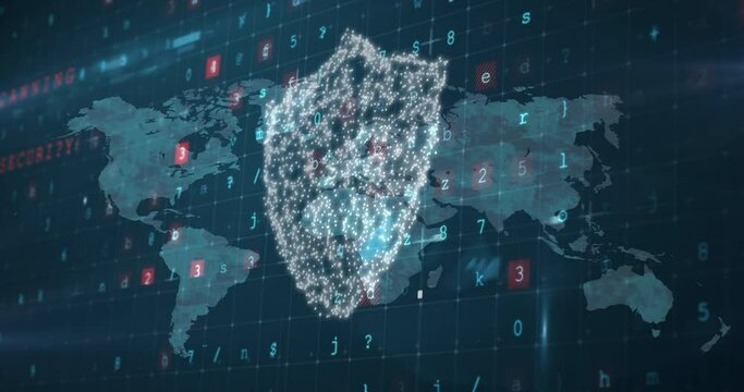Security shield icon and cyber security data processing against world map on blue background