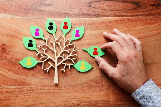 Business image of wooden tree with people icons over wooden table, human resources and management concept