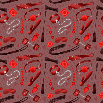 Seamless patterns with sex toys. Toys for adults. Red illustrations. Pattern for a sex shop.