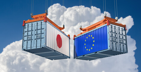 Freight containers with European Union and Japan flag. 3D Rendering 