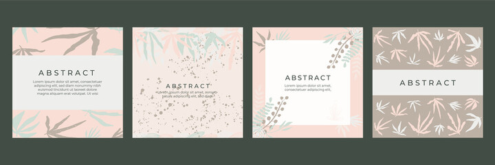 Set of abstract creative universal artistic templates with boho botanical leaf minimal line art. Good for poster, card, invitation, flyer, cover, banner, placard, brochure and other graphic design