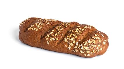 Rye flour loaf with cereals on a white background.