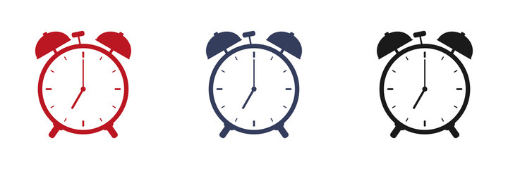Alarm clock icons set. Black, red, blue alarm clock. Vector illustration