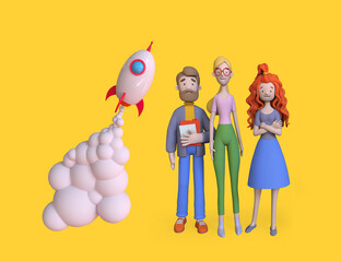 Startup business concept. Group of diverse business people joined with happiness with cartoon rocket takes off Trendy 3d illustration.