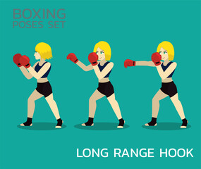 Long Range Hook Manga Boxing Poses Set Woman Cartoon Vector Illustration