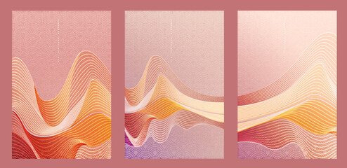 Abstract Art Contemporary Modern Japanese Art Collection Floating Frequency Wave with Light and Shadow on Gradient Pink Orange Background with Repeat Japan Wave Icon Vector Graphics Design Template