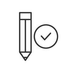 Pencil vector icon. Checklist pictogram. Approve clipboard linear symbol illustration. Check mark line sign. Confirmed information. Isolated on white. 