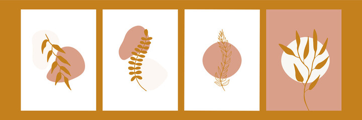 Botanical boho wall art vector set. Earth tone boho foliage line art drawing with abstract shape. Abstract Plant Art design for print, cover, wallpaper, Minimal and natural wall art.