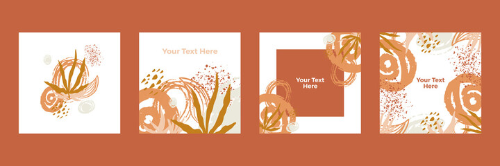 Botanical boho wall art vector set. Earth tone boho foliage line art drawing with abstract shape. Abstract Plant Art design for print, cover, wallpaper, Minimal and natural wall art.