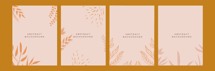 Botanical wall art background vector set.Earth tone natural colors foliage line art boho plants drawing with abstract shape. Mid century modern design for prints, poster, cover and wallpaper.
