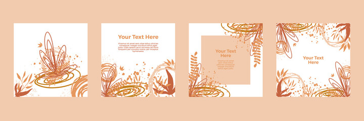 Set of abstract floral backgrounds for instagram posts. Vector trendy minimal templates in boho style with copy space for text