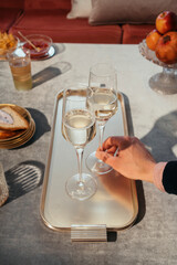 Prosecco Valdobbiadene, an italian sparkling white whine; aperitif at home with snacks, dried fruit and seeds