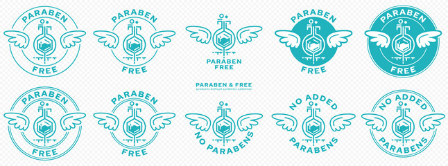 Concept for product packaging. Labeling - paraben free. A paraben chemical flask, with wings and a line of flowing ingredient - a symbol of freedom from parabens. Vector