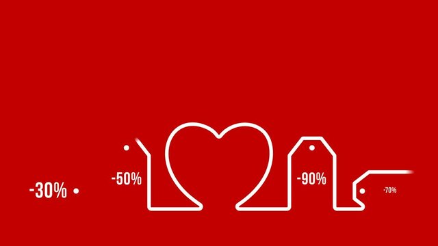 Love sale animation. Valentine day video. Outline Price tag, heart shape and discount percent. 4k Motion animation set blank price tag coupons on alpha matte background
