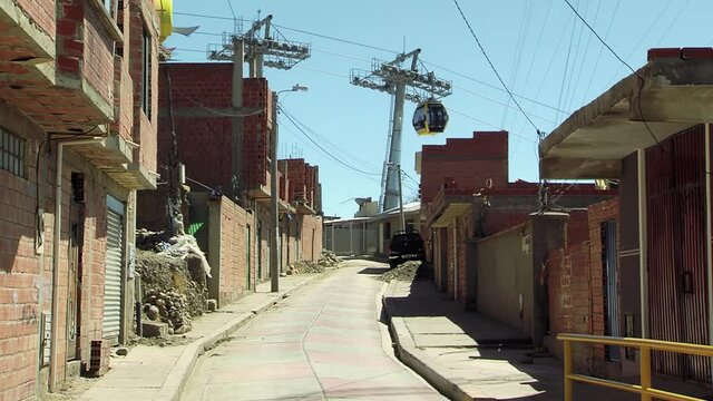 Mi Teleferico, the Cable Car System of La Paz, and Poor Houses in El Alto, Bolivia, South America. 4K Resolution.