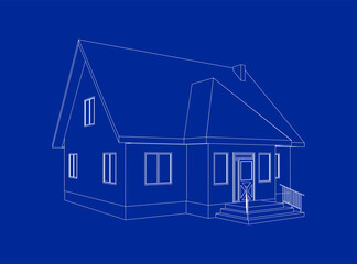 Building perspective 3D. Drawing of the suburban house. Outlines cottage on blue background. House 3D model perspective vector. Cottage blueprint. EPS 10. 