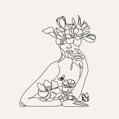 Woman line drawing line art flower head vector image. Logo