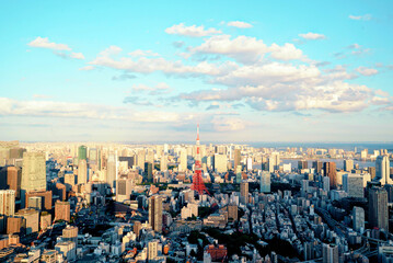 東京全体の夕景俯瞰。東京タワーなどのビル街