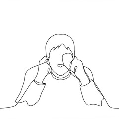 man stuck his index fingers into his ears - one line drawing. the guy does not want to hear noise or listen to unpleasant words