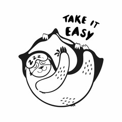 Vector black and white illustration of a sloth bear lies on a pillow in a sleep mask. Concept for children's clothing, textiles.  Lazy sleepy bear, lettering take it easy.