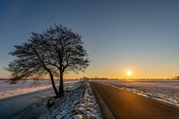 Sunrise in a snowy grasslandscape with beautiful morning light on a big tree, a road and a frozen...