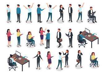 Isometric people. Men and women in business and casual clothes, office worker various postures in workspace. 3d isolated vector characters. Male and female characters with suitcase, shaking hands