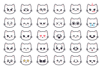 Kawaii cats. White kitty head anime avatars with various emotions fear, cry and anger, apathy and death, joy and surprise manga vector set. Cartoon characters with sunglasses, stars and hearts - obrazy, fototapety, plakaty