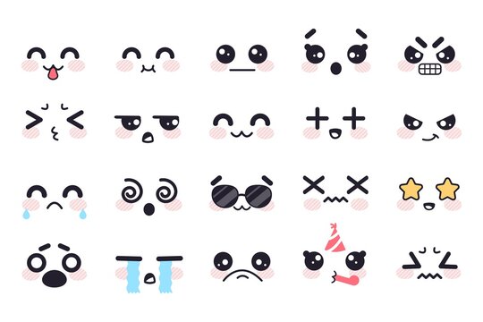 Kawaii cute faces. Japanese manga emotions fear, crying and anger, apathy and death, joy and surprise anime doodle isolated vector set. Face with sunglasses, star eyes, birthday hat