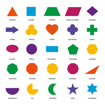 Basic geometric shapes. Ellipse, rectangle and triangle, hexagon and circle, pentagon and star elementary school education vector set. Teaching colorful figures and forms, arrow and trefoil