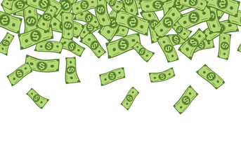 Money rain. Falling dollar banknotes seamless vector border, cartoon cash confetti. Banking, investment and financial vector background. Gambling and winning in casino. Cash bill papers