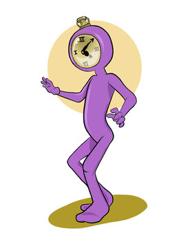 An strange character with  a clock as a head representing te pass of the time. Vector