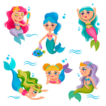 Cute mermaids. Adorable girl sea little princess, underwater mythical creatures with fish tail cartoon vector kids isolated characters. Fairytale characters with colorful hair and accessories