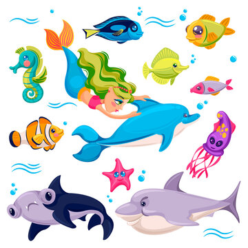 Sea animals. Ocean creatures fish, shark and starfish, dolphin with mermaid, cuttlefish and seahorse cartoon underwater world characters. Wildlife fauna, swimming fish, aquatic nature