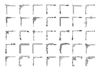 Decorative corners. Floral border ornaments. Elegant vintage page corner decoration. Calligraphic frame decor. Hand drawn retro line elements vector set. Classic and floral ornaments