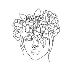 Woman head with flowers composition. Hand-drawn vector line-art illustration. One Line style drawing.