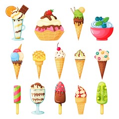 Ice cream cones topped with sprinkles, fruits, syrup, nuts. Tasty fruit ice, kiwi popsicle. Vanilla and chocolate sundae. Cartoon summer dessert vector set. Sweet snack in waffle, glass or bowl
