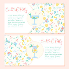 Coctail Party Flyer Banner in trendy color. Summer drinks with lemon, berry, mint, ice and straw. Party, pub, restoraunt or club invitation. fresh and cold alcohol coctail. Vector illustration.