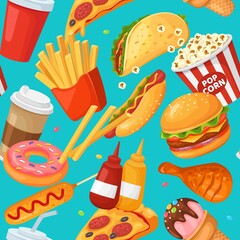 Fast food seamless pattern. Cartoon fries, donut and coffee, chicken and burger, taco and ketchup, ice cream and cola vector wrapping texture. Quick american snack or meal, junk food