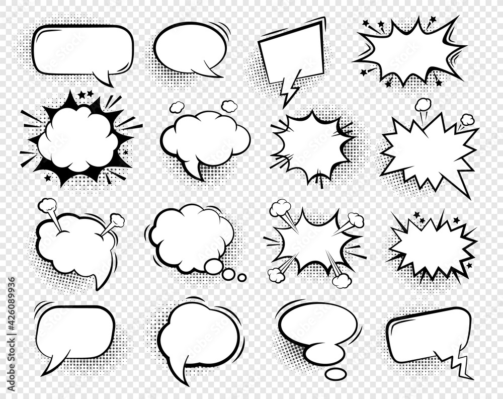 Poster comic speech bubbles. blank talk clouds for dialog text with halftone shadows, cartoon empty white t