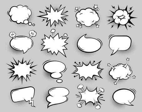 Empty comic bubble. Cartoon speech balloons for text, retro chat talk dialog clouds with halftone shadow effect vector isolated set. Element for information message or chat, thought