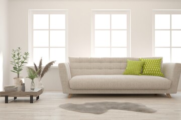 White living room with sofa. Scandinavian interior design. 3D illustration