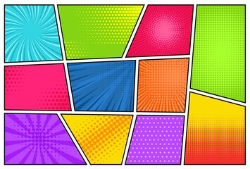 Comic backgrounds. Manga, pop art backdrops in frames. Superhero explosion texture with halftone effect. Vintage vector templates set with rays, dots or spots and lines illustration