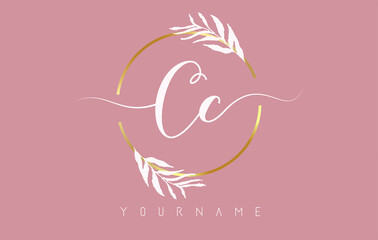 CC c Letters logo design with golden circle and white leaves on branches around. Vector Illustration with C and C letters.