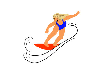 Surfing blond woman in blue swiming suit flat style.Trendy Vector illustration