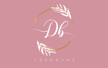 DB d b Letters logo design with golden circle and white leaves on branches around. Vector Illustration with D and B letters.
