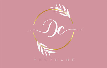 DC d c Letters logo design with golden circle and white leaves on branches around. Vector Illustration with D and C letters.