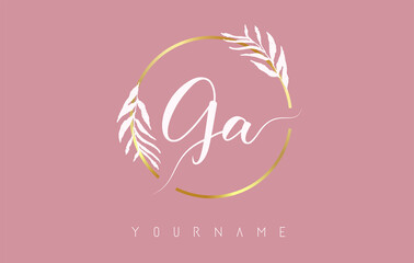 GA g a Letters logo design with golden circle and white leaves on branches around. Vector Illustration with G and A letters.